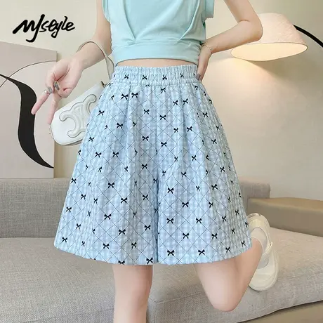 MJ STYLE休闲裤女2025新款夏季高腰显瘦格子五分裤阔腿裤商品大图