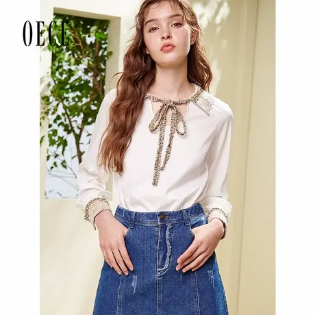 Oece春夏装新款女装 复古小香风系带甜美长袖雪纺衫气质衬衫商品大图
