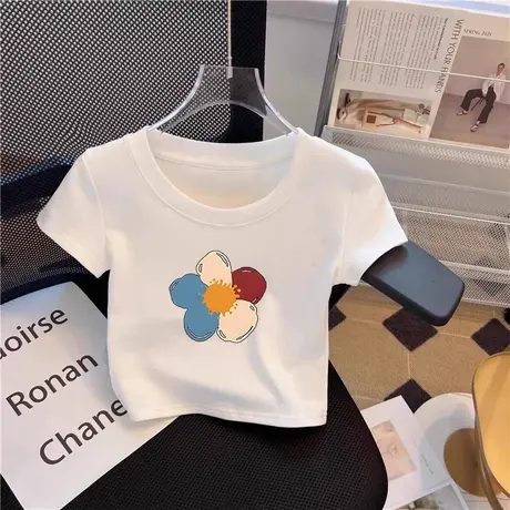 短款正肩花朵短袖t恤女2025新款夏季甜美高腰时髦短款修身上衣ins商品大图