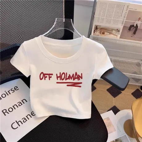 韩系正肩白色夏季短袖t恤女2025新款设计感短款字母印花修身上衣商品大图
