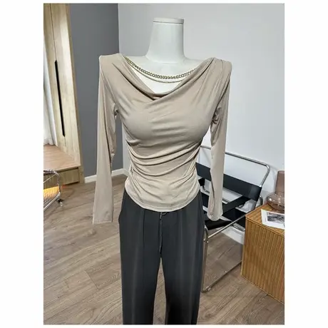 可拆卸链条 荡领褶皱长袖修身T恤上衣秋季新款商品大图