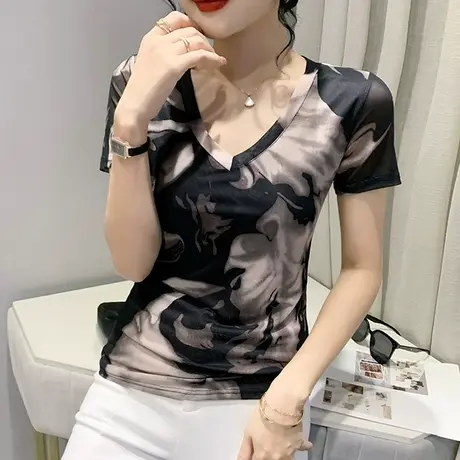 时尚印花短袖T恤女士夏装欧货性感V领网纱小衫气质修身显瘦上衣潮商品大图