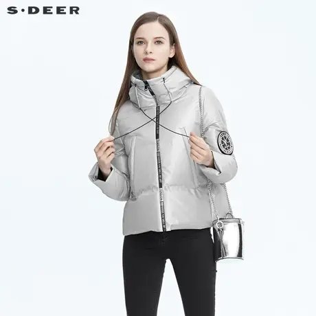 sdeer圣迪奥时尚个性立领字母胶印光面短款保暖羽绒服女S20482428图片