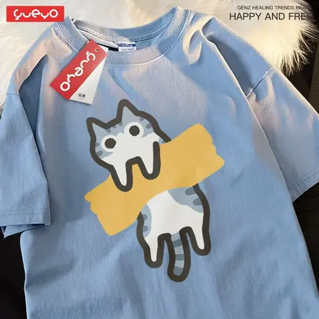 悦游 胶带猫 纯棉落肩短袖T恤男小众设计感橘猫美短黑猫图片