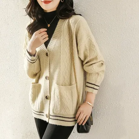 2024春装新款针织衫女开衫春秋韩版宽松外搭复古洋气百搭毛衣外套图片