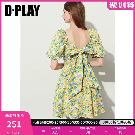 DPLAY2023氛围感度假风雏菊花境蝴蝶结系带泡泡袖野餐裙印花裙商品大图