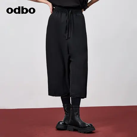 odbo/欧迪比欧抽绳束腰黑色休闲裤女夏季新款显瘦百搭抗皱七分裤图片