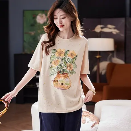 宝诗黎圆领钉珠印花短袖T恤2025夏季韩版宽松休闲棉质慵懒上衣女商品大图