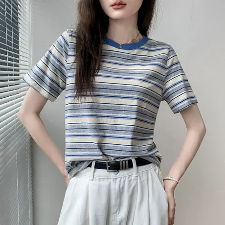 歌倍尚复古风撞色圆领条纹短袖T恤女宽松休闲设计感别致正肩上衣图片