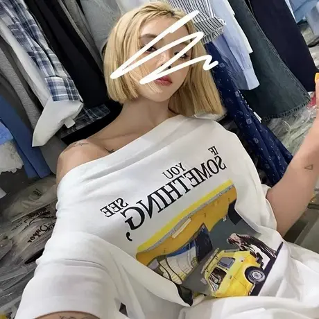 韩版2025夏季新款美式复古斜肩汽车印花短袖宽松休闲百搭上衣T恤商品大图