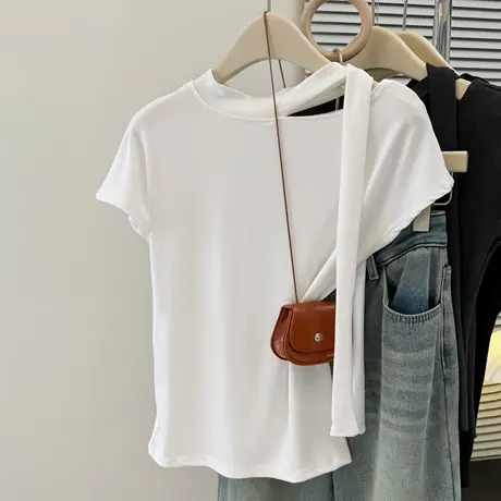 设计感飘带挂脖镂空飞飞袖T恤女夏季修身韩版chic别致短袖上衣潮商品大图