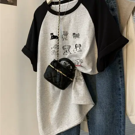 美式街头风插肩袖撞色t恤女胖mm短袖别致设计感上衣ins潮chic港风商品大图