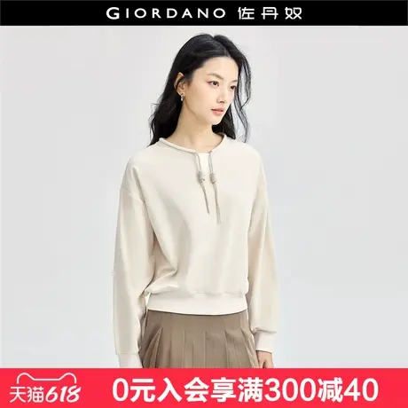 佐丹奴卫衣女新款简约休闲风华夫格抽绳拼接小V领套头衫18324502商品大图