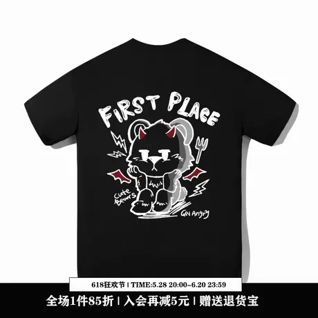 Ohlyah设计师原创卡通品牌恶魔小熊纯棉短袖T恤男女宽松休闲上衣商品大图