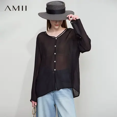 AMII【轻薄遮阳衬衫】韩版休闲舒适慵懒透视雪纺衫轻薄遮阳衬衫图片