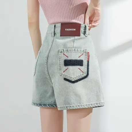 撞色刺绣牛仔短裤女夏季薄款高腰宽松显瘦复古三分阔腿辣妹热裤子商品大图
