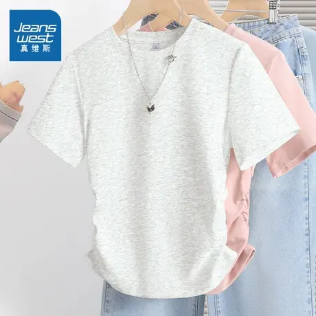 KMV真维斯白色短袖t恤女夏季2025新款小个子短款正肩收腰抽褶上衣图片