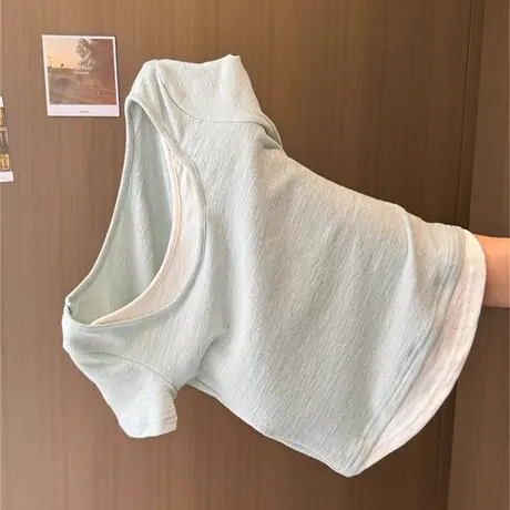 褶皱肌理感假两件短袖T恤女夏季修身小个子短款韩版设计感上衣潮商品大图