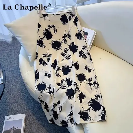 拉夏贝尔气质醋酸半身裙女薄款2025夏新款印花包臀裙中长款直筒裙图片