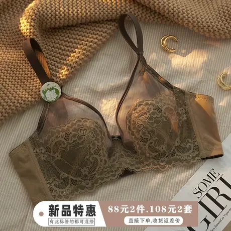 内衣女性感蕾丝超薄防凸点夏季透气聚拢文胸套装胸大显小法式胸罩商品大图