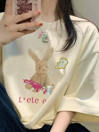 美式重磅仿棉短袖T恤女夏季oversize日系简约宽松学生白色上衣潮商品大图