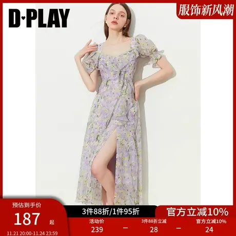 DPLAY温柔度假紫调印象花园荷叶边泡泡袖开衩雪纺印花裙商品大图