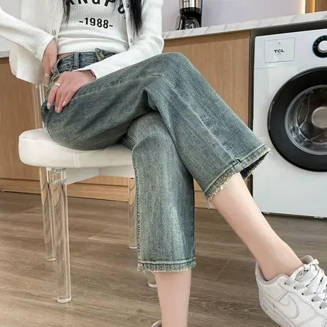 美式复古高腰烟管裤牛仔裤子女2025秋新款小个子显瘦九宽松直筒裤商品大图