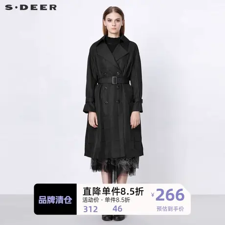S·DEER圣迪奥女装休闲翻领双排扣收腰肌理长款风衣S21381815图片