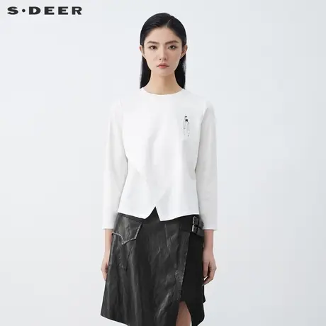 sdeer圣迪奥女装圆领撞色印花不规则开衩白色T恤S22160208图片