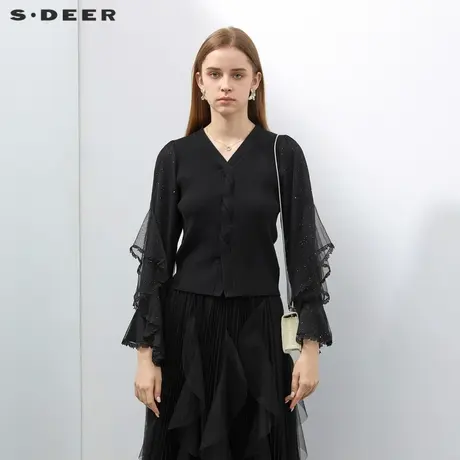 sdeer圣迪奥女装罗纹V领交叉网纱花边针织衫S231Z3507图片