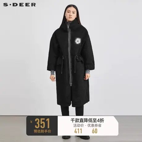 sdeer圣迪奥女装冬装连帽收腰撞色字母羊羔绒中长款大衣S214Z1876😩商品大图