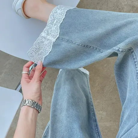 九分蕾丝阔腿天丝牛仔裤女夏季薄款高腰宽松八分小个子垂感直筒裤商品大图