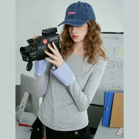 a02设计感小众拼接袖上衣抽褶休闲修身打底衫2025春季女式T恤图片