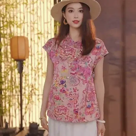 国风新中式上衣女装短袖夏季新款印花小衫改良旗袍飞飞袖衬衫女装图片