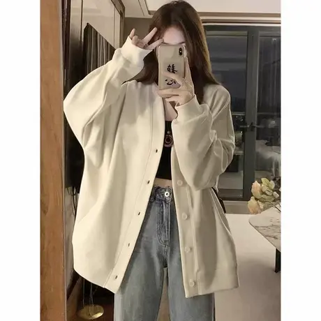 法式chic港风纽扣开衫卫衣女春秋季薄款百搭韩版宽松休闲外套上衣商品大图