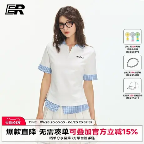 ER学院风POLO衫女2025夏季撞色拼接格子假两件T恤修身显瘦上衣图片