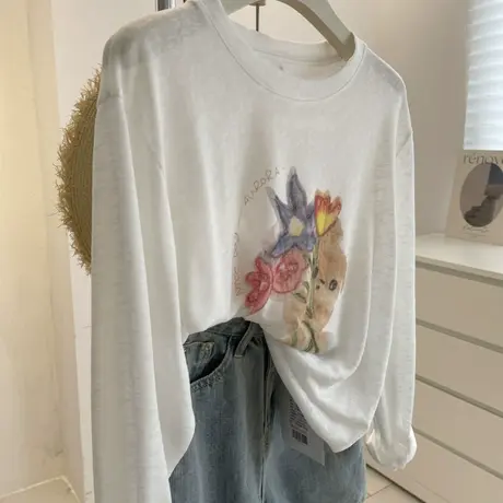 凉感莱赛尔长袖防晒罩衫女！夏季轻薄微透垂感花朵宽松休闲空调衫商品大图