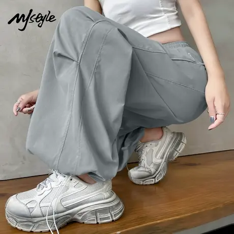 MJ STYLE夏高腰显瘦休闲裤女宽松阔腿裤纯色工装裤时尚百搭伞兵裤商品大图