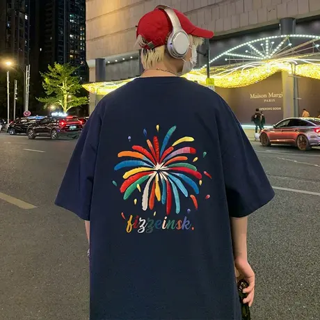 美式烟花印花短袖t恤男夏季2025新款纯棉半袖宽松设计小众体恤衫图片