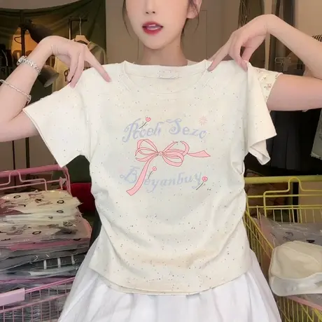 圆领正肩褶皱收腰短袖t恤女2025夏季新款甜妹风彩虹波点洋气上衣商品大图