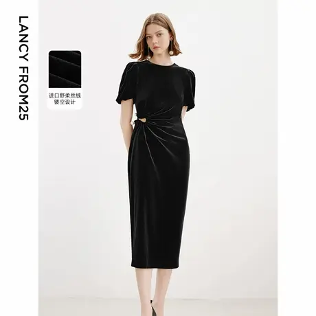 朗姿法式气质设计感泡泡袖显瘦复古丝绒裙子2024年冬季新款连衣裙商品大图