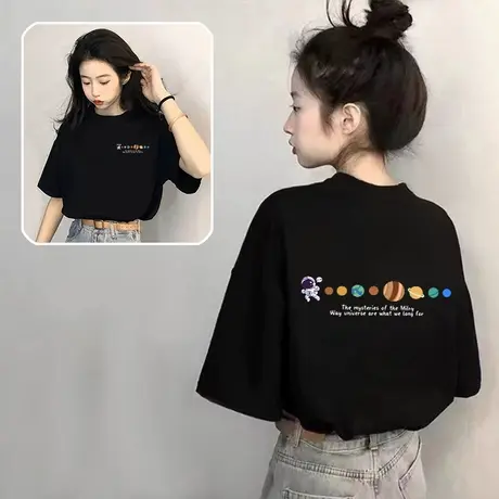 黑色纯棉短袖t恤女2025新款爆款夏季小众宽松显瘦小个子半袖上衣商品大图