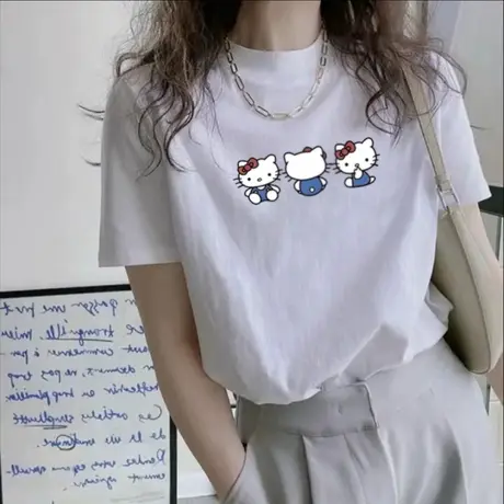 纯棉白色正肩夏季短袖t恤女2025新款宽松可爱卡通设计感印花上衣商品大图