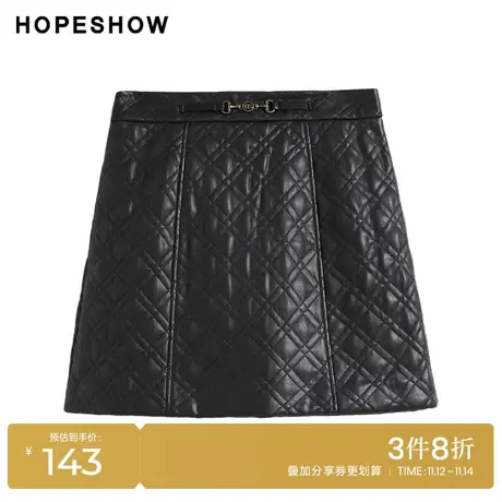 红袖outlets设计感菱形格A字短裙hopeshow2023冬款时髦休闲PU裙图片