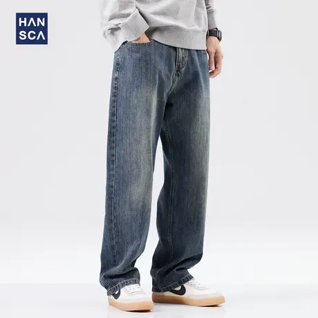 hansca宽松牛仔裤2023新款男美式高街秋季直筒休闲水洗阔腿长裤子商品大图