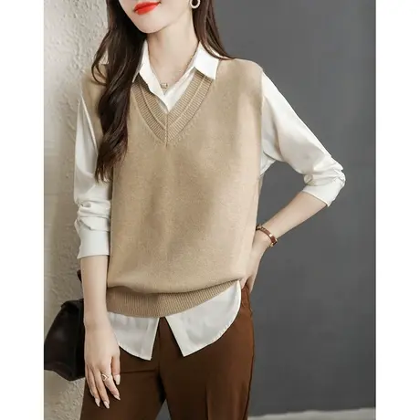 2024春秋新款纯色叠穿马甲针织背心女士毛衣宽松V领秋冬马夹外搭图片