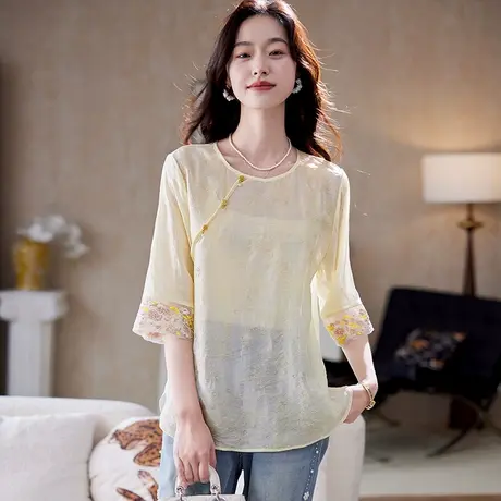 宝诗黎新中式刺绣提花雪纺衫2025夏季时尚百搭洋气国风短袖小衫女商品大图
