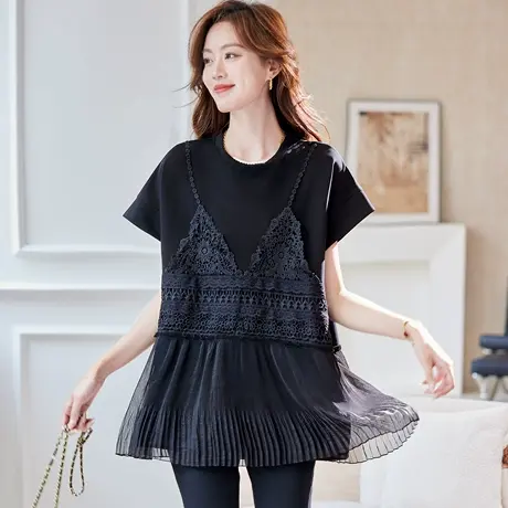 宝诗黎假两件蕾丝拼接短袖T恤2025夏季时尚百搭洋气设计感上衣女商品大图