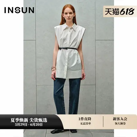 INSUN恩裳秋季复古洗水侧开叉直筒牛仔裤商品大图