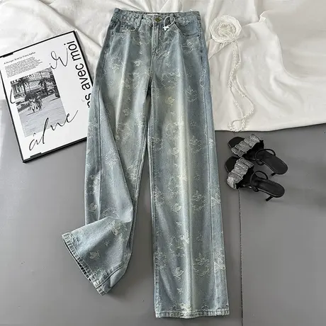 韩版蝴蝶提花高腰设计牛仔裤女2025春夏新款直筒休闲阔腿宽松长裤商品大图